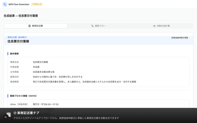 業務記述書の生成画面